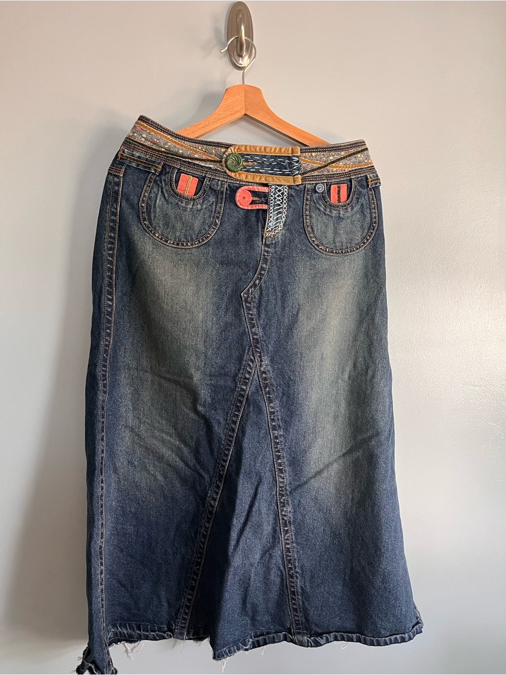 Denim Maxi Skirt with Handmade Accents